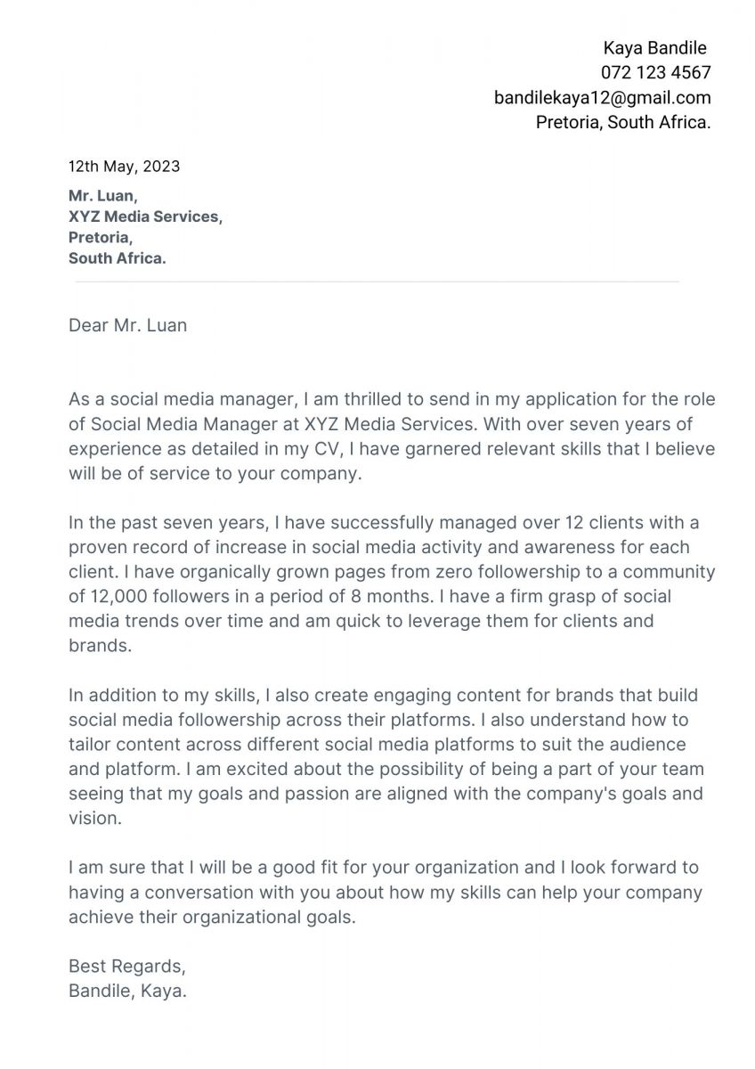 good cover letter examples south africa